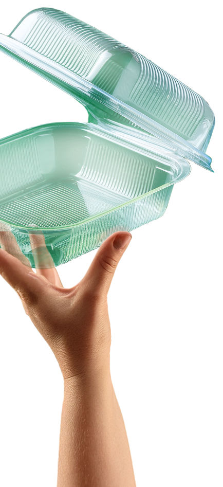 hand holding plastic clamshell container