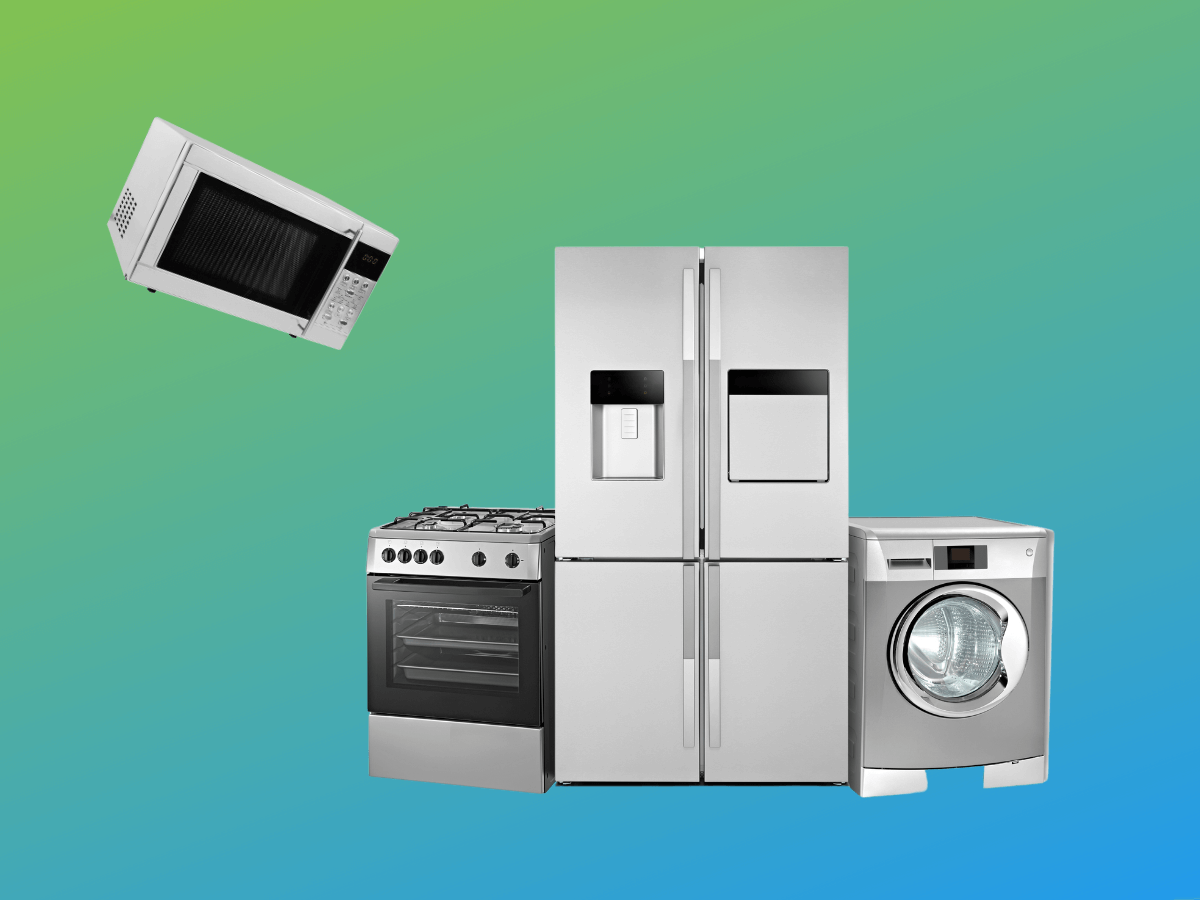 A stove, washing machine, fridge, and microwave floating on a green and blue background