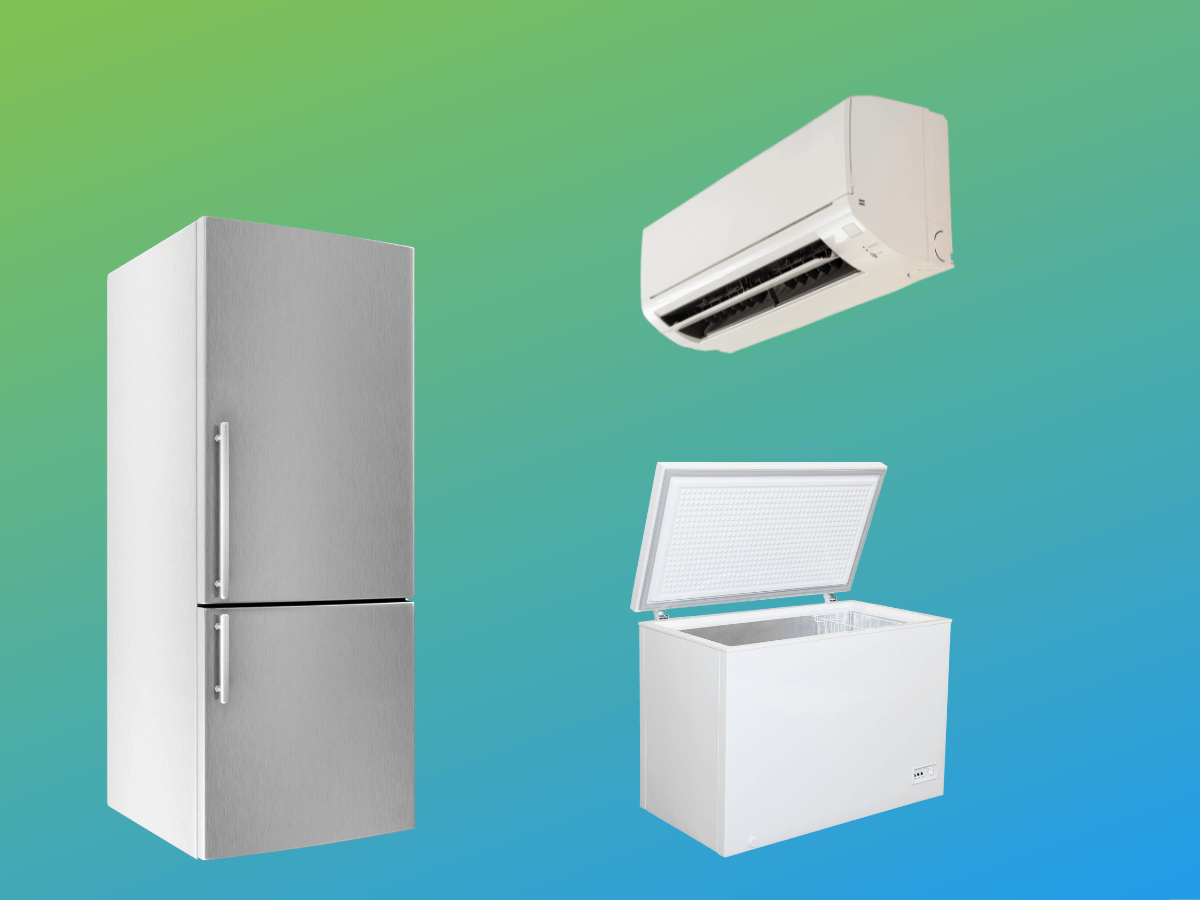 A fridge, freezer, and AC unit floating on a green and blue background