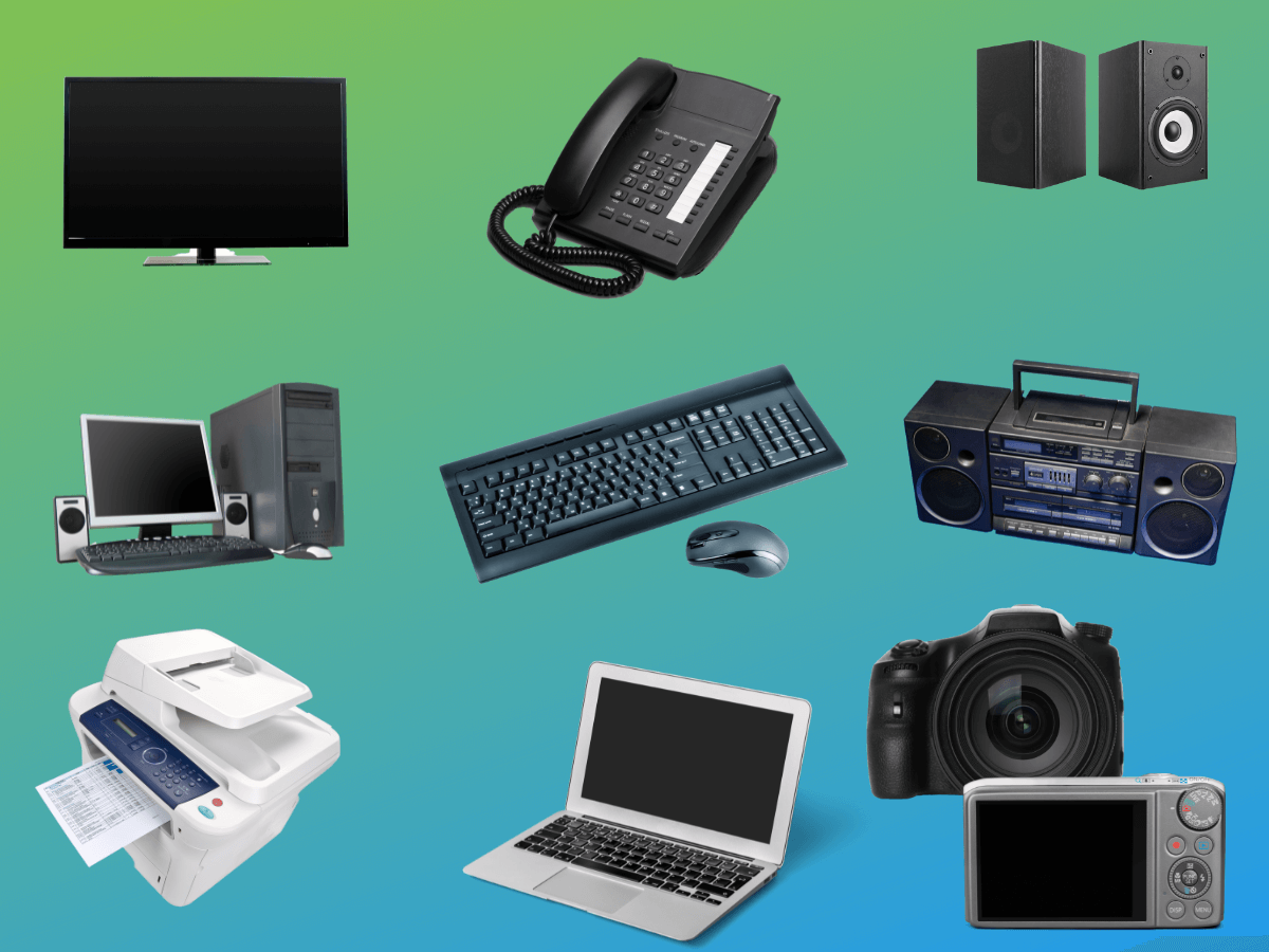 Various electronics, including a computer, stereo, speakers, keyboard, printer, and TV floating on a green and blue background